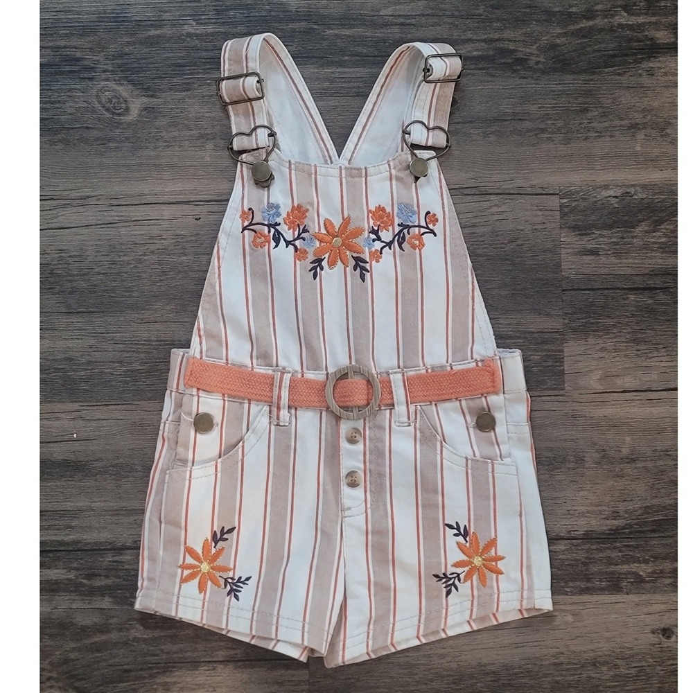Little Lass Girls Striped Floral Embroidered Shortall Overalls with Belt 2T